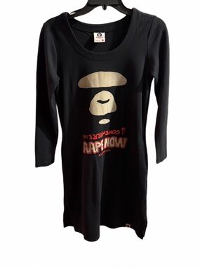 Bathing Ape Womens Long Sleeve Black Fitted Mini Dress with iconic logo SM
